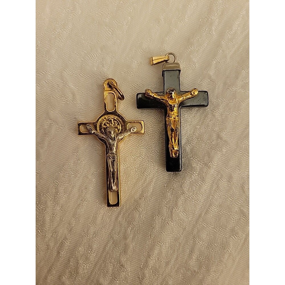 Pair Of Vintage Crucifix Pendants Black Stone And White Enamel Italy Cross Jesus